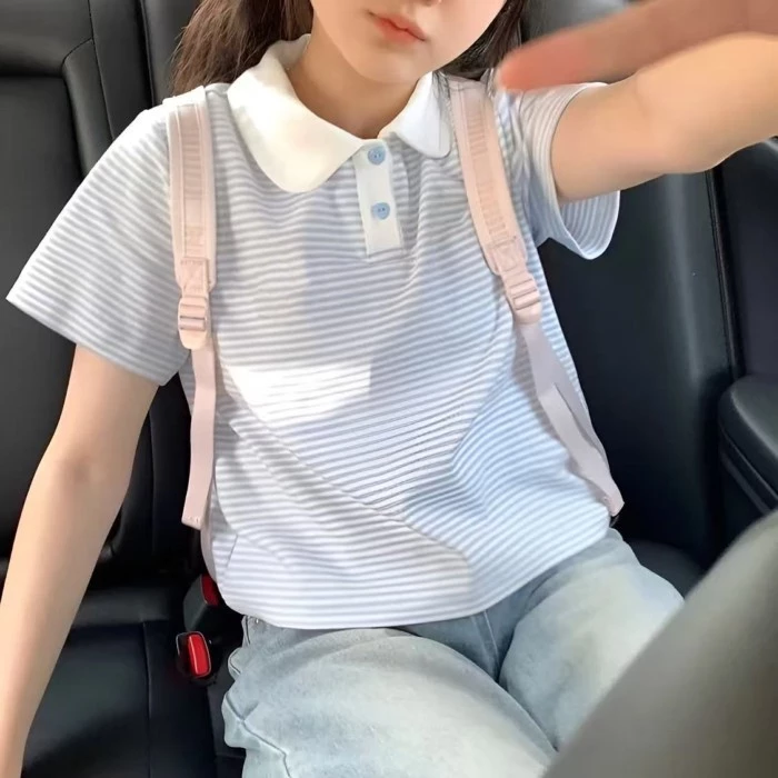 bé gái mùa hè mới nguyên bản polo vai phải ngắn tay áo thun trẻ em vừa và lớn dáng rộng ngọt ngà