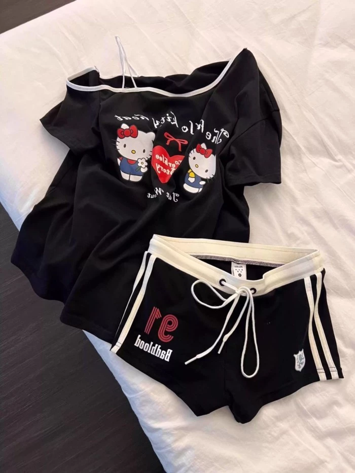 Phiên bản Hàn Quốc, Hello Kitty dễ thương, in hình, trễ vai, đồ ngủ, mùa hè nữ, có thể mặc bên ngoà