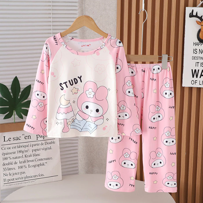 Eid Mubarak Trang phục trẻ em Cổ tròn dài tay Kawaii Màu tím nhạt Kuromi & Melody Váy ngủ bé gái trong 3 - 4 tuổi