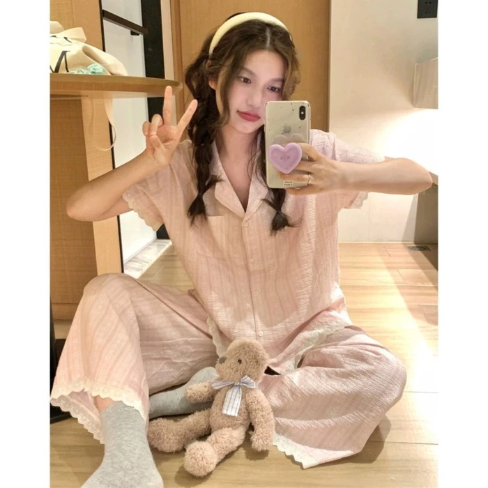Phong cách Hàn Quốc, Dễ thương, Ren, Ve áo, Hồng, Sọc, Bộ đồ ngủ, Mùa hè nữ 2026, Phong cách mới, T