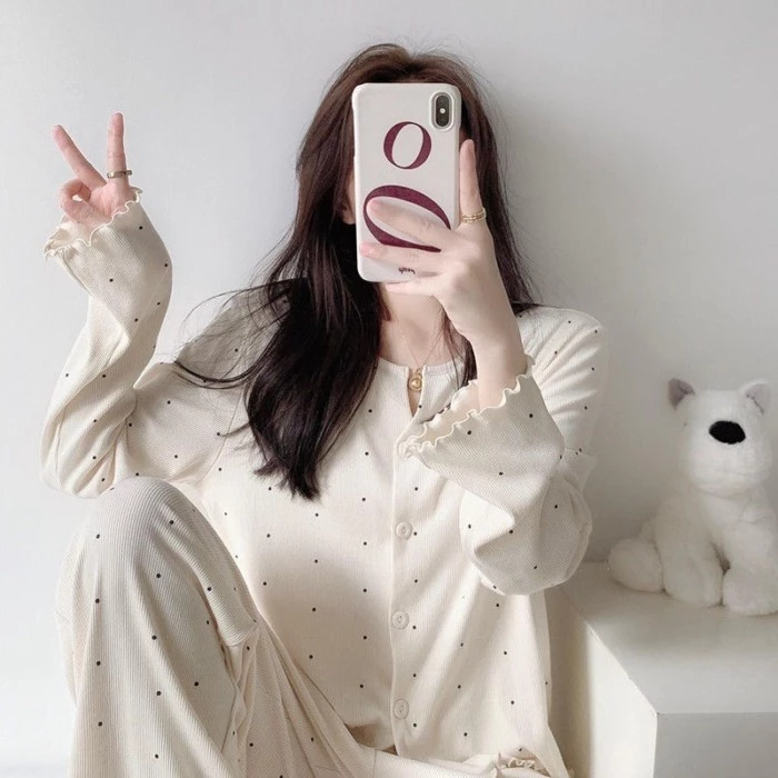 Bộ đồ ngủ nữ mùa xuân thu cao cấp phong cách Hàn Quốc, bộ đồ ngủ tập thể hoa ngọt ngào, quần dài ta