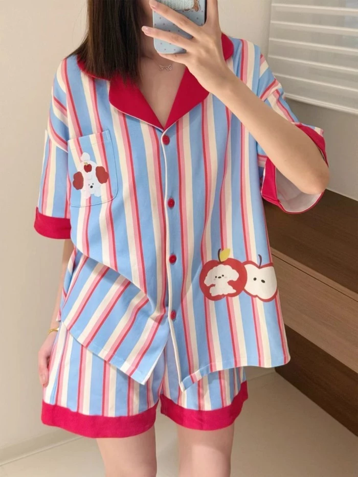Bộ Đồ Ngủ Ngọt Ngào Cho Nữ Mùa Hè Ngắn Tay Sọc Cardigan Ve Áo Táo Đỏ In Hình Cún Con Có Thể Mặc Bên