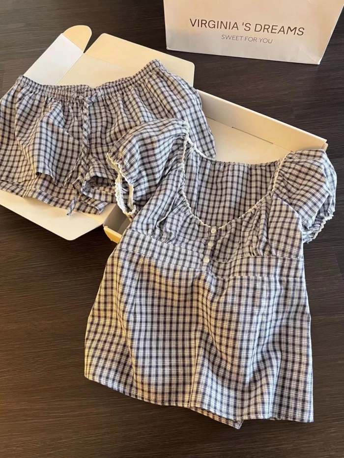 Bộ Đồ Ngủ Kẻ Sọc Phong Cách Hàn Quốc Cho Nữ Mặc Vào Mùa Hè, Quần Short Tay Phồng Ngọt Ngào