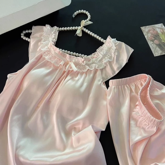 Bộ Đồ Ngủ Cho Nữ Lụa Mát Chất Lượng Cao Gợi Cảm Suspender Quần Short Có Miếng Đệm Mút Ren Mỏng N