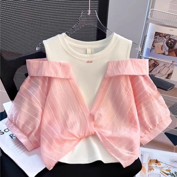 Áo sơ mi ngắn tay bé gái mùa hè trẻ em mùa hè cổ babydoll áo sơ mi sọc dáng rộng cho bé gái