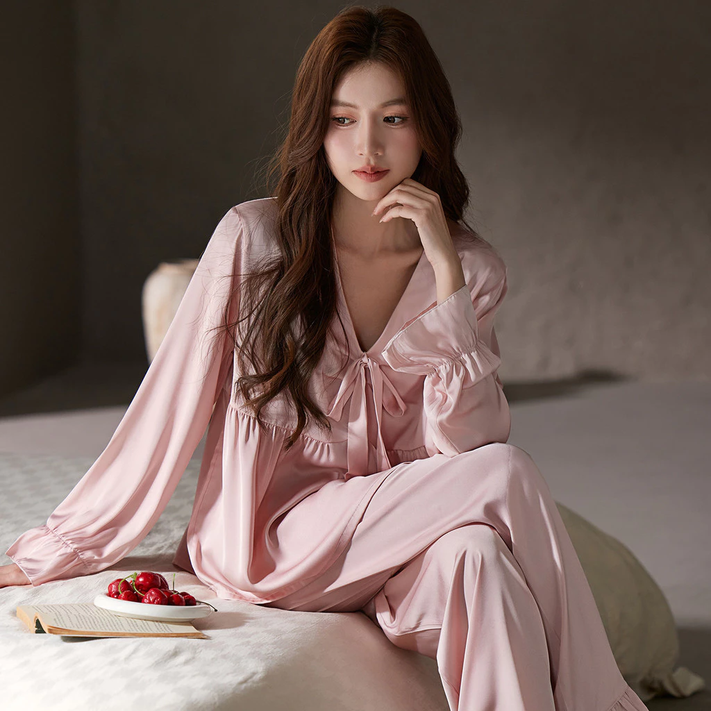 Bộ đồ ngủ nữ phong cách Pháp có viền xù dài tay, Đồ ngủ phong cách công chúa ngọt ngào