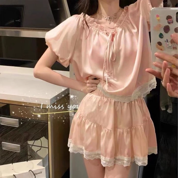 Ice Silk, Pyjama, Suit nữ, Tay áo phồng, Mùa hè, Phong cách mới, Quần áo ở nhà, Tay áo ngắn, Quần s