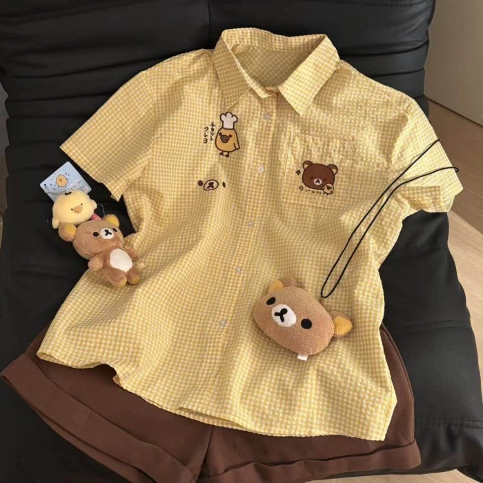 Áo sơ mi ngắn tay kẻ sọc màu vàng Rilakkuma Nhật Bản dễ thương dành cho nữ áo sơ mi dáng rộng mùa h