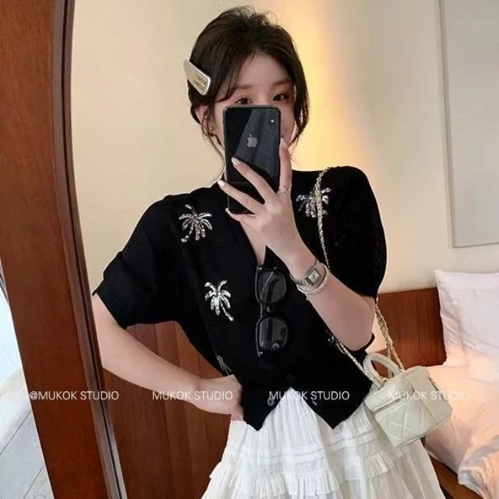 Áo thun dệt kim dáng ôm phong cách Hàn Quốc cao cấp thêu sequin giản dị mỏng đi làm Áo thun dệt kim