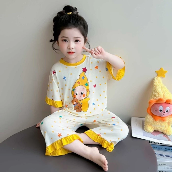Quần crop ngắn tay in hoạt hình mùa hè, đồ ngủ, quần áo ở nhà, bộ đồ hai mảnh, quần áo máy lạnh
