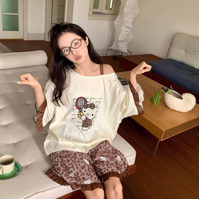 Phong Cách Công Chúa, Mùa Hè, Phong Cách Mới, Kt Cat, Vai Nghiêng, Bộ Đồ Ngủ, Ngọt Ngào Cho Nữ