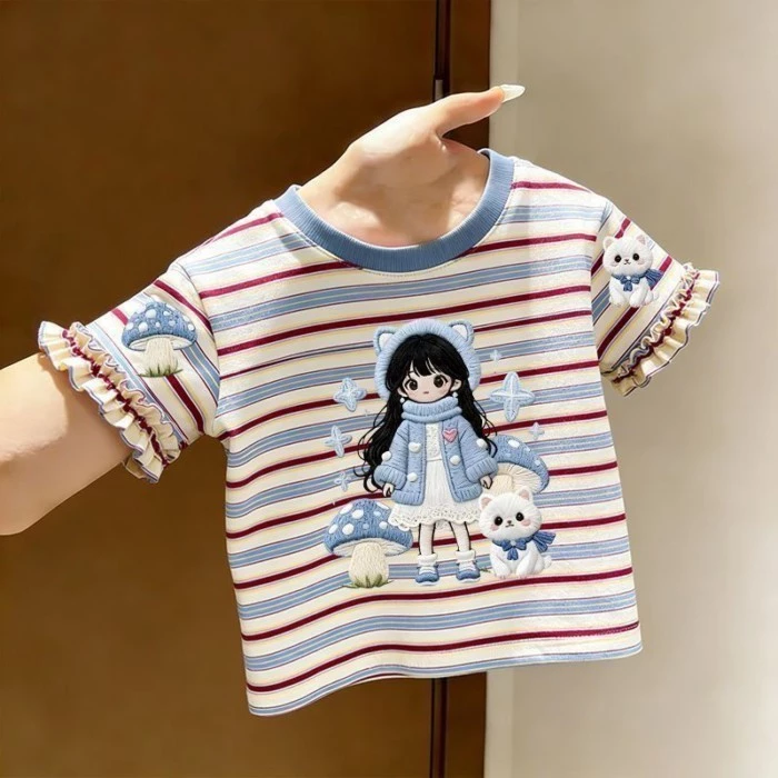 Áo thun cotton sọc nguyên chất cho bé gái mặc mùa hè thiết kế thời trang ren ngắn tay quần áo đa nă