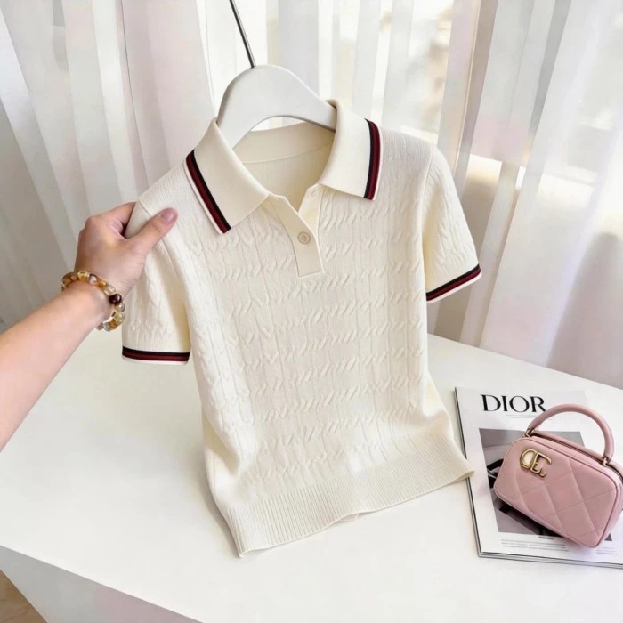 Ice Silk Áo Len Màu Sắc Tương Phản Sọc Ve Áo Nữ Lỏng Lẻo Phong Cách Hàn Quốc Slim Twist Cổ Po