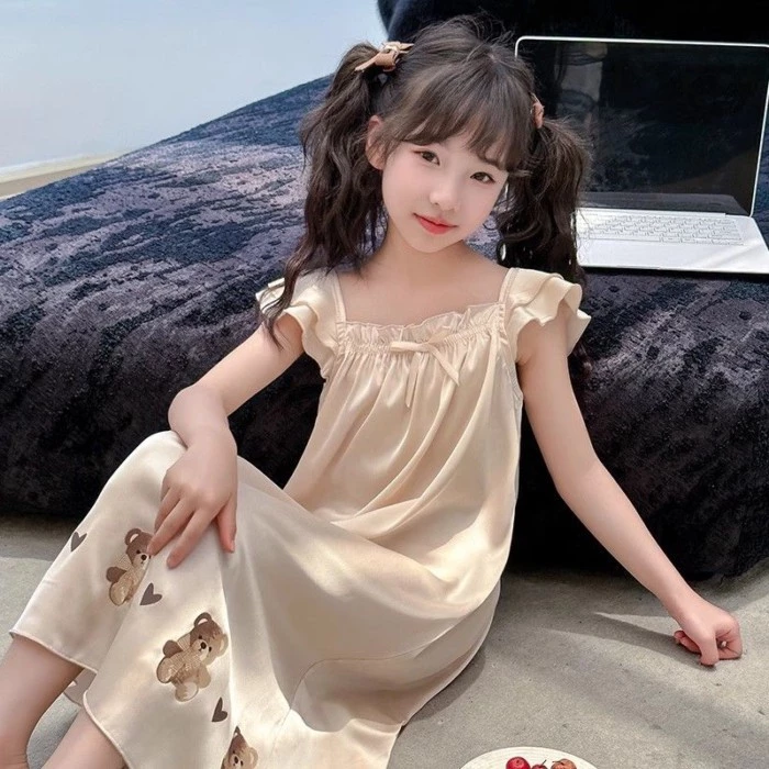 Váy ngủ bé gái mùa hè mới dây treo phong cách Hàn Quốc Váy ngủ bé gái lụa băng mặc ngoài áo ngủ lớn