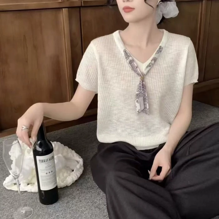 Tencel Linen French V-neck Tie Scarf Knitted Short-sleeved Loose Thin Shirt Top T-shirt