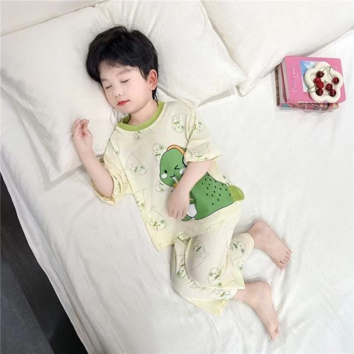 Mới Hoạt Hình Khủng Long Nhỏ Bộ Đồ Ngủ Bé Trai Mùa Hè Bộ Đồ Mỏng Bé Trai Bé Trai Tay Ngắn Điều Hòa