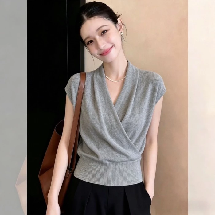 Áo thun dệt kim cổ chữ V không tay dáng rộng phong cách mùa hè Hàn Quốc