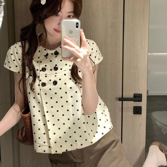 Áo búp bê ngắn tay kiểu dáng ngọt ngào phong cách Hàn Quốc chấm bi cho nữ, áo hai hàng giúp g