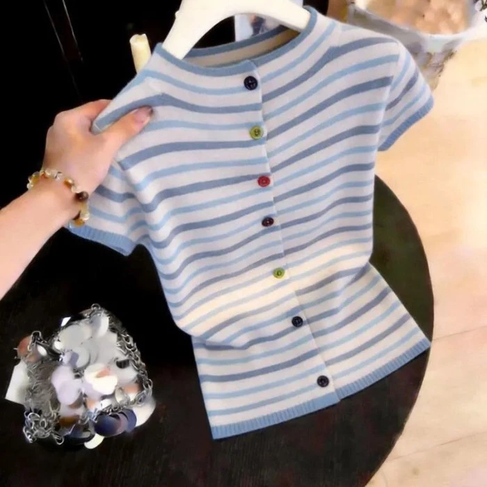 Casual Tops, Fashionable And Slim, Versatile Striped Niche Short-sleeved Sweaters For Women