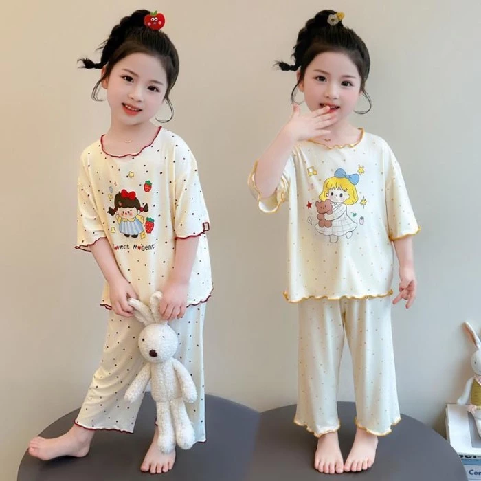Bộ đồ ngủ bằng lụa băng dành cho nữ mùa hè Phong cách hoạt hình dành cho trẻ em Bộ quần áo ở nhà Bộ