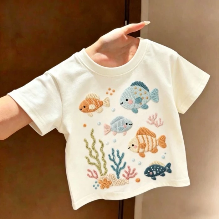 Áo thun ngắn tay in hình cá hoạt hình dễ thương mùa hè mới dành cho trẻ em áo đa năng cho bé trai v