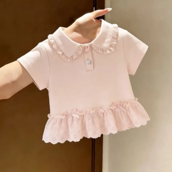 Áo thun cotton nguyên chất mùa hè phối ren trẻ em sành điệu cho bé gái mùa hè ngắn tay ngọt ngào áo