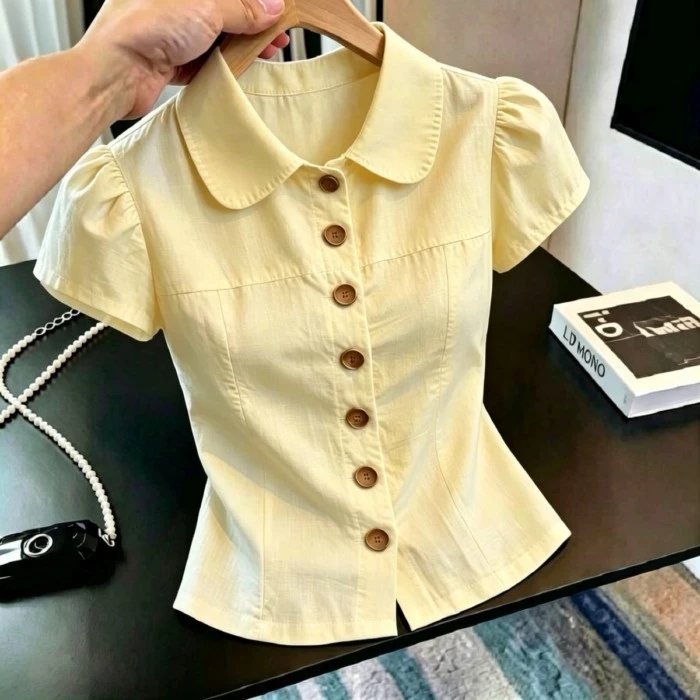 Niche Temperament Short-sleeved Doll Collar Top Women's Single-breasted Super Nice Shirt
