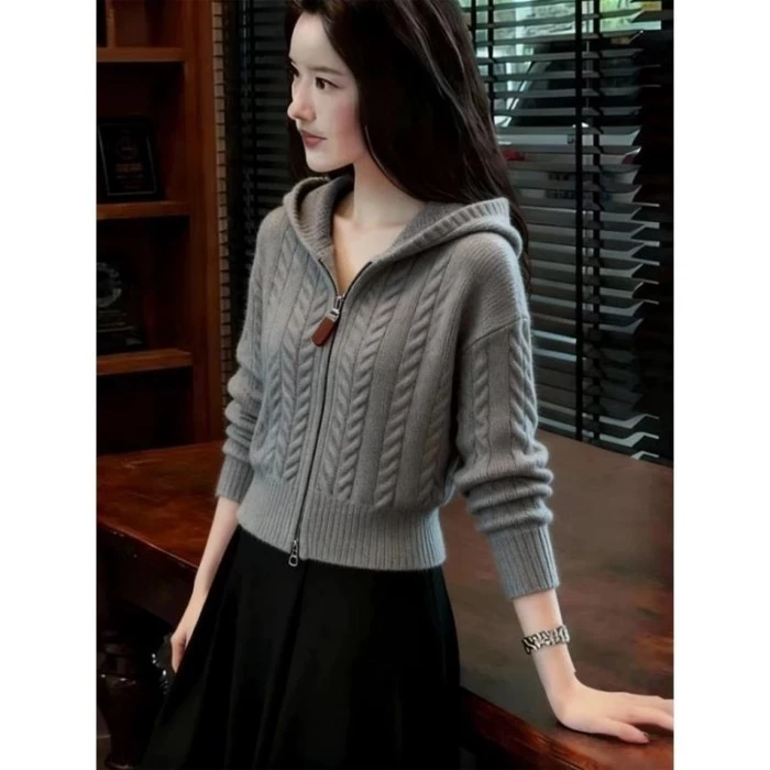 Áo khoác cardigan dệt kim lười xoắn có mũ trùm đầu dây kéo phong cách Hàn Quốc áo khoác len n