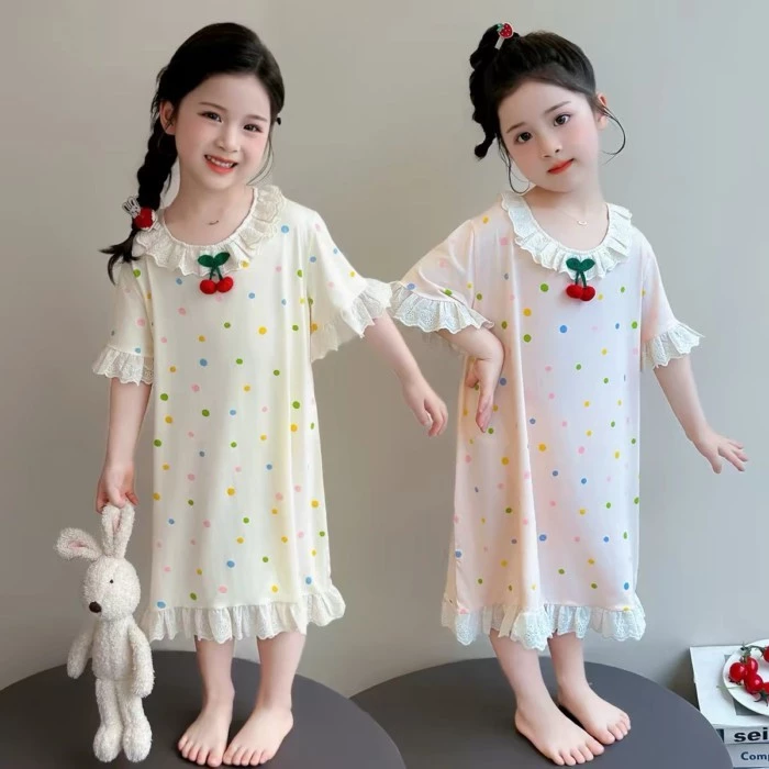 Bộ Đồ Ngủ Mùa Hè Cho Trẻ Em Bé Gái Ice Silk Tay Ngắn Mỏng Chấm Bi Ren Xù Váy Ngủ Đầm Bé Gái