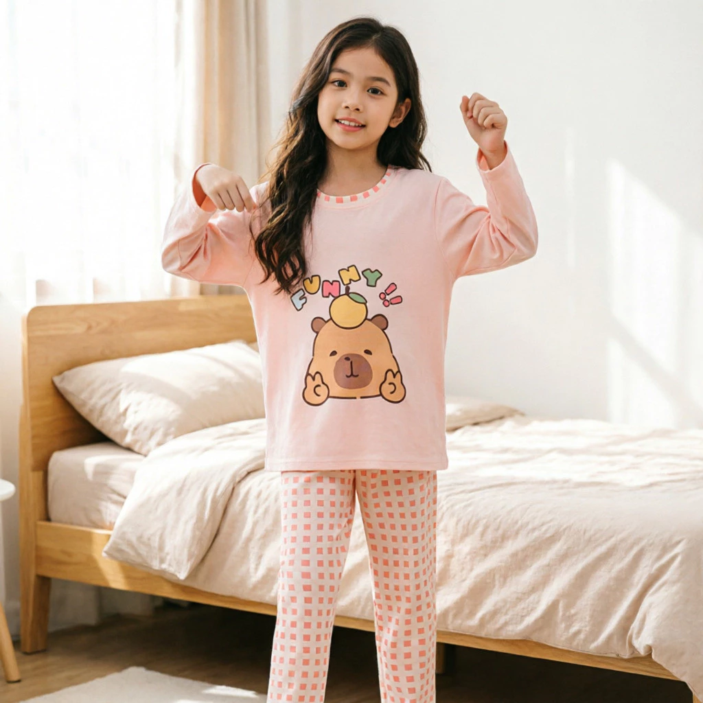 Đơn Giản Phong Cách Thoải Mái Lụa Sữa Giả Bộ Đồ Ngủ Cotton Xuân Thu Homewear Mềm Mại & Thân Thiện Với Da Cho Bé Gái