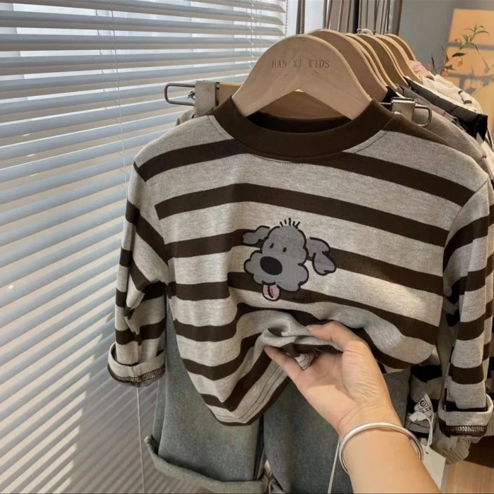 Áo thun cotton sọc rộng mới dành cho trẻ em mùa thu dành cho bé trai và bé gái hoạt hình in hình ch