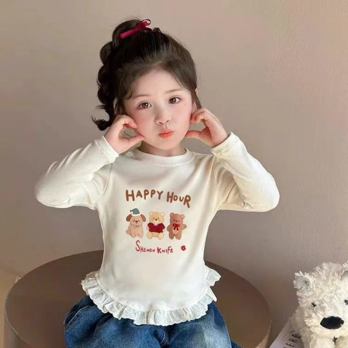 Áo thun dài tay bé gái xuân thu mới cổ tròn khâu ren áo đáy quần đa năng cho trẻ em