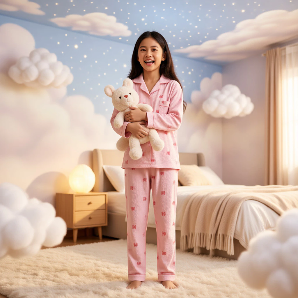 Nhật Bản Phong Cách Tươi Đẹp Nơ Chủ Đề Bộ Đồ Ngủ Phòng Máy Lạnh Eo Co Giãn Quần Dài Cho Bé Gái 3-12 Tuổi