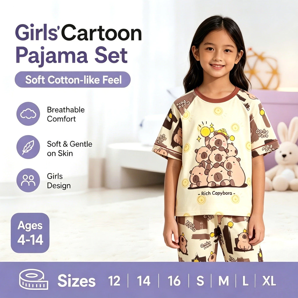 Bộ đồ ngủ kiểu dáng giản dị cho bé trai Họa tiết Capybara dành cho học sinh