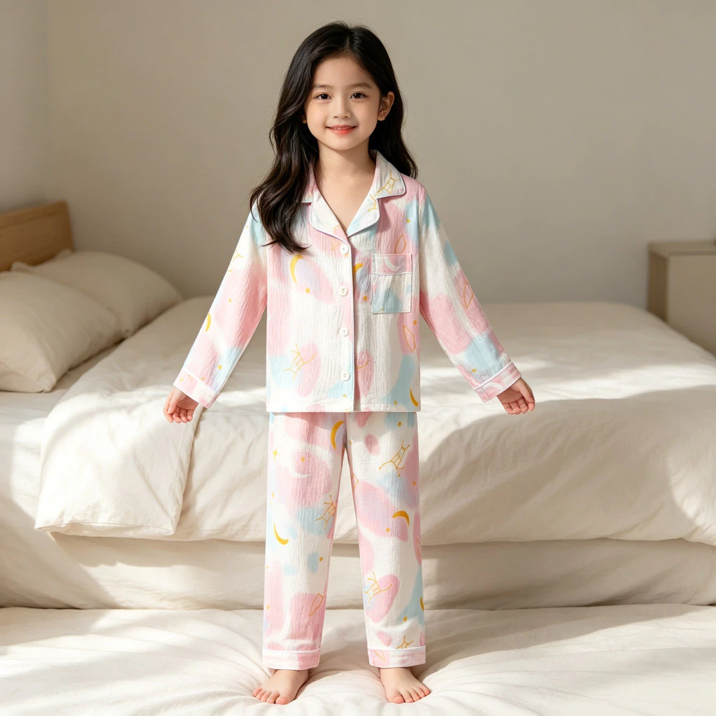 Macaron Color Scheme Bộ Pyjama dành cho trẻ em Thiết kế cổ bẻ dáng rộng và tự do cho bé gái từ 3-12 tuổi