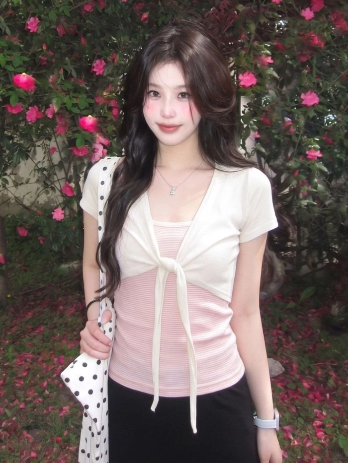 Áo cardigan ngắn tay buộc dây ngắn phong cách Hàn Quốc dành cho nữ áo yếm sọc thon gọn với màu