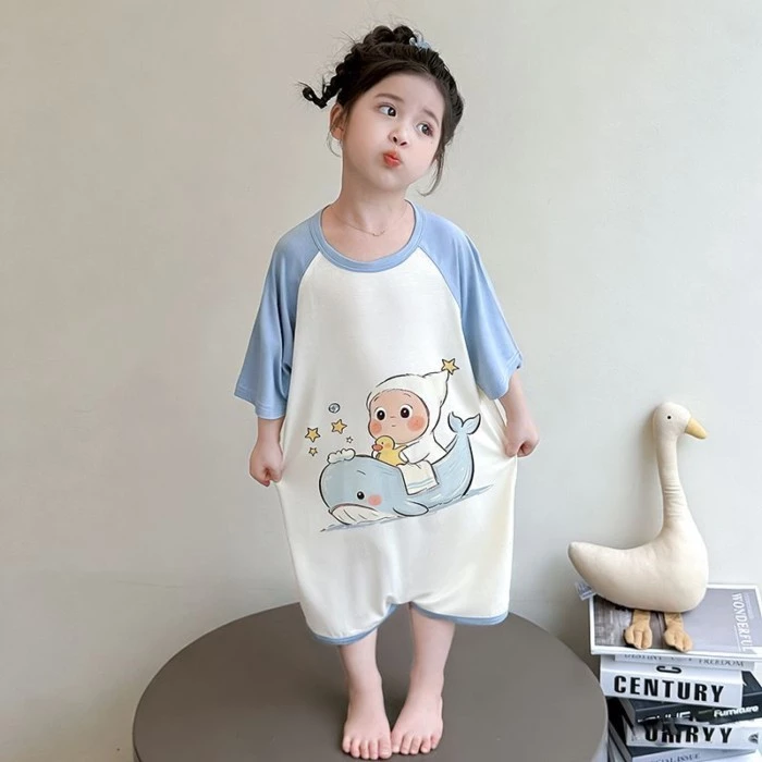 Bộ đồ ngủ một mảnh mỏng dành cho bé gái mùa hè Áo ngủ trẻ em chống đá quần áo máy lạnh một nút quần