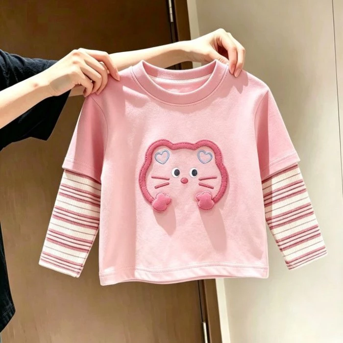 bộ quần áo mùa thu trẻ em Áo thun ba chiều hoạt hình dễ thương sọc thêu mèo giả Bộ hai món cổ tr