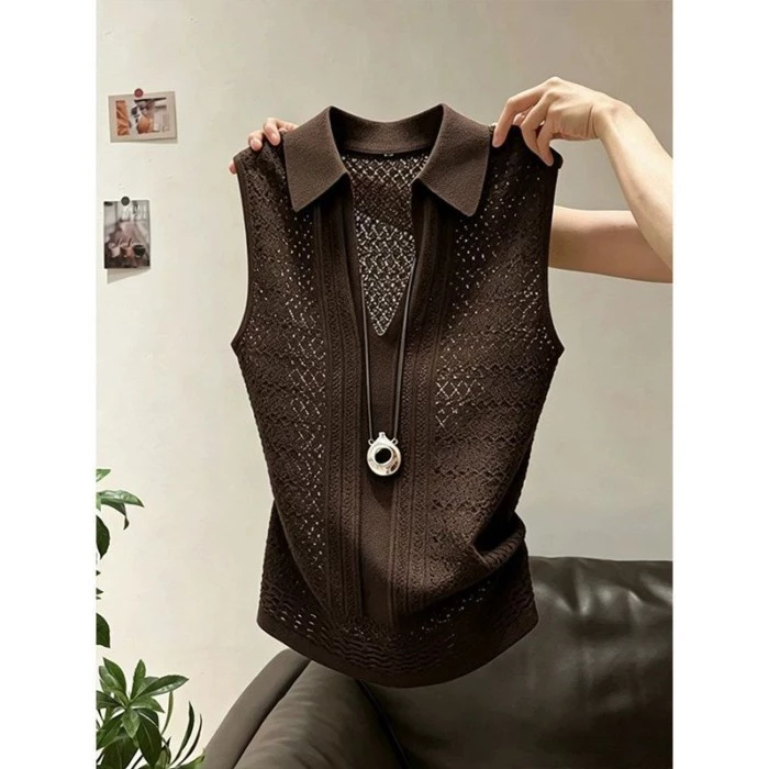 French Hollow Brown V-neck Polo Shirt Knitted T-shirt Women's Slim Lapel Sleeveless Vest Top