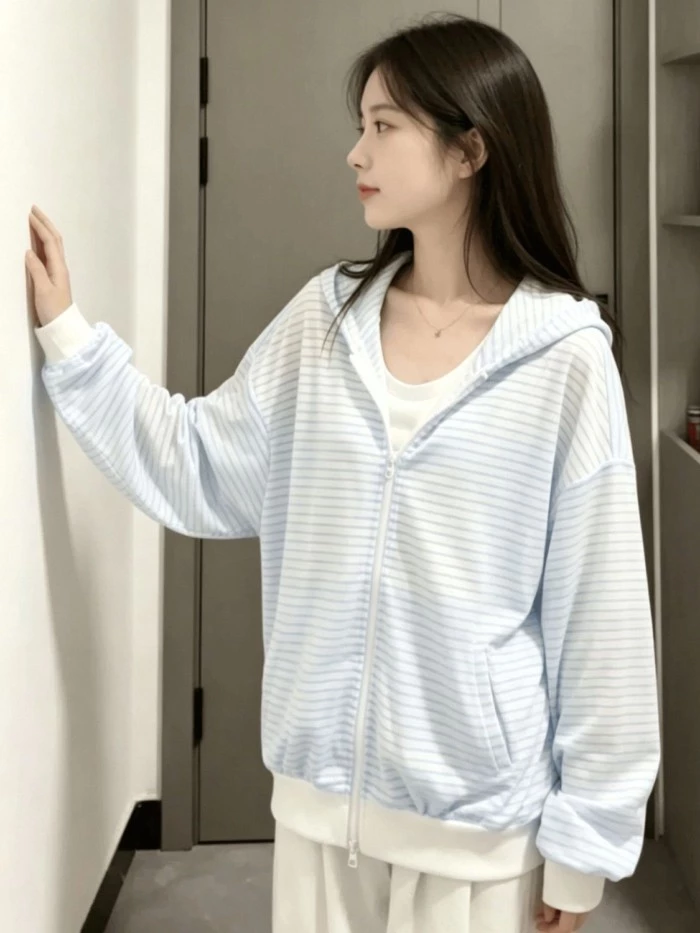 Áo khoác mỏng có mũ trùm đầu Ngày Phụ nữ Slim Loose Sọc Top Ins