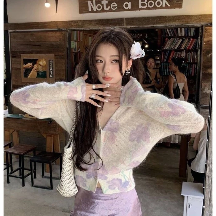 Áo len dệt kim dài tay in hình gió cardigan cho nữ mùa xuân hè che bụng giảm béo áo cardigan in hìn