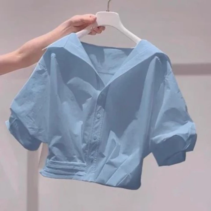 Áo sơ mi tay phồng màu xanh có cổ dành cho nữ mùa hè dáng rộng ngắn