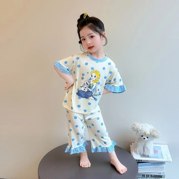 Bé gái Công Chúa Elsa chấm bi quần áo mặc ở nhà băng lụa phù hợp với mùa hè ba phần tư tay xù điều