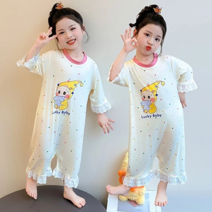 Bộ đồ ngủ một mảnh cho bé gái mùa hè lụa băng mỏng bé gái quần áo điều hòa không khí rompers bé gái