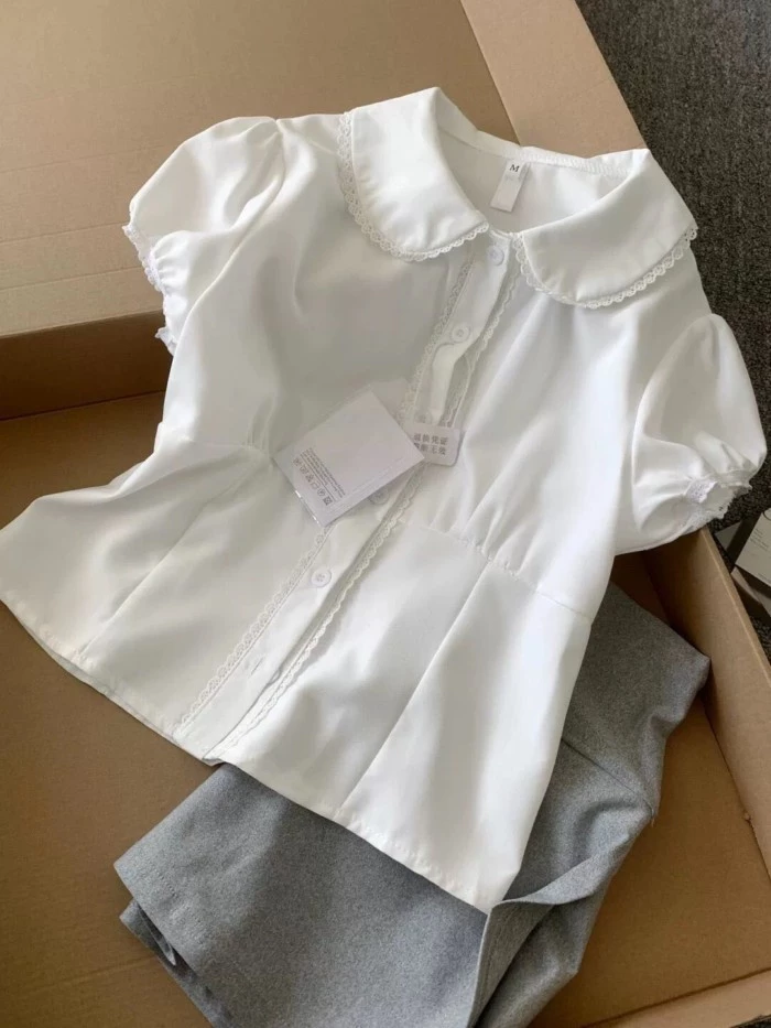 Áo babydoll trắng Pháp, áo sơ mi phong cách Hàn Quốc ngọt ngào, áo sơ mi ngắn tay, áo giảm eo
