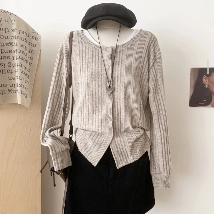 Áo len dài tay dáng ôm hai mặt trước và sau dệt kim dành cho nữ che da thịt, áo khoác cardigan mùa
