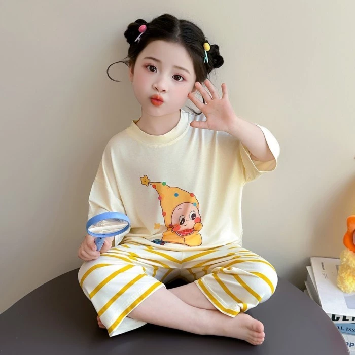 Bộ Đồ Ngủ Bé Gái Mùa Hè Mỏng Modal Trẻ Em Bé Tay Ngắn Điều Hòa Không Khí Bé Gái Hoạt Hình Nhà Bộ Qu
