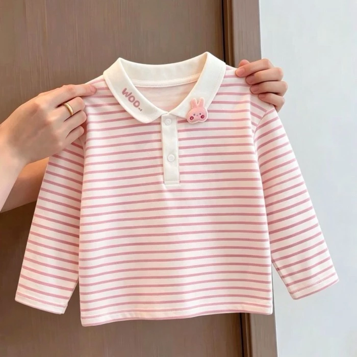 Áo thun polo sọc dài tay bé gái mùa thu phiên bản Hàn Quốc thỏ bông ba chiều ve áo trẻ em phong các