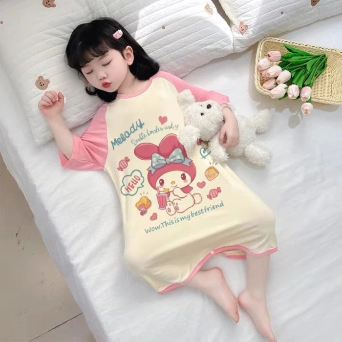 Váy ngủ một mảnh cotton nguyên chất cho bé gái mùa hè bé gái mỏng tay ngắn dễ thương Bộ đồ ngủ mặc
