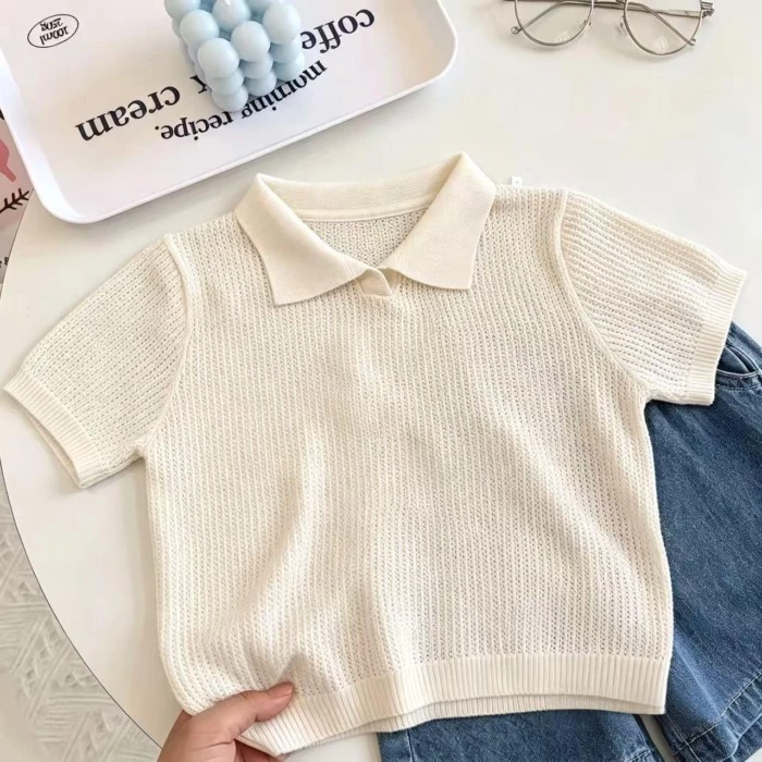 15.90 Áo len dệt kim rỗng mùa hè dành cho bé trai có ve áo ngắn tay áo sơ mi ngắn tay mới kiểu dáng